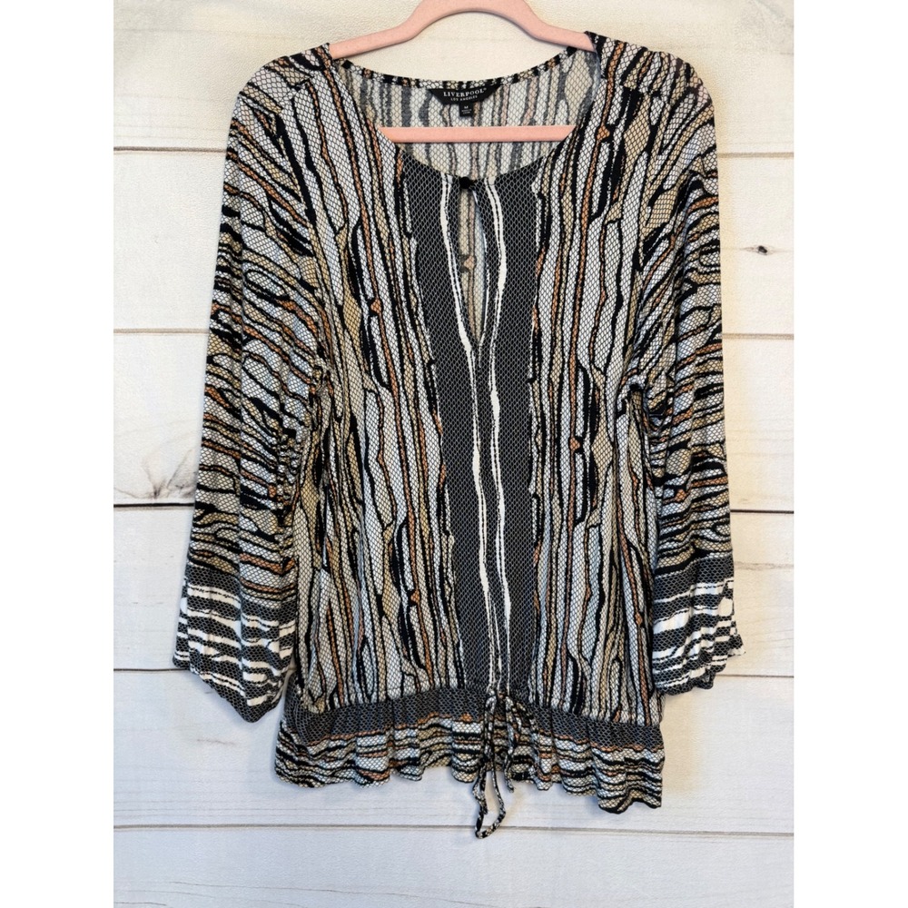 Liverpool Los Angeles Women Abstract Print Keyhole Smocked Hem Blouse Medium